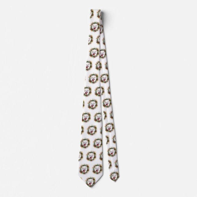 Bichon Frise Christmas Wreath Festive Pup Neck Tie (Front)