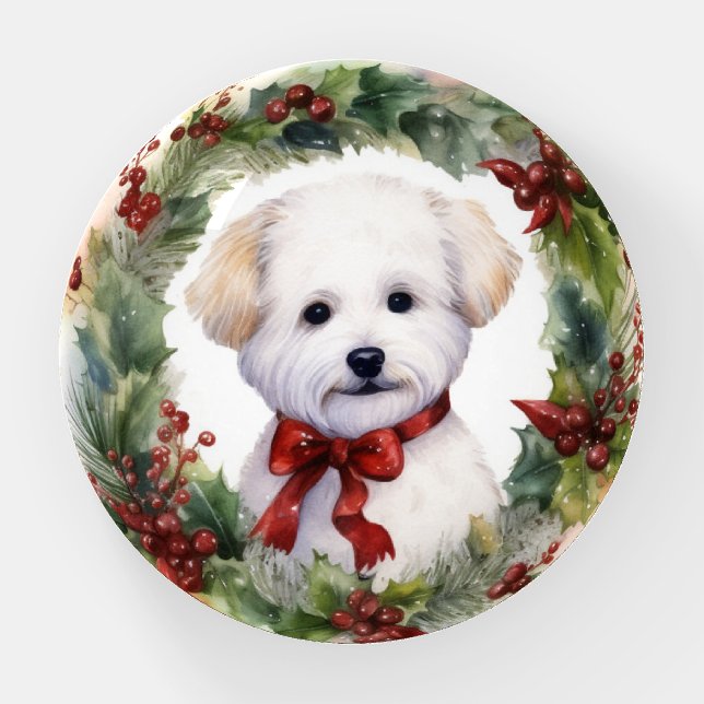 Bichon Frise Christmas Wreath Festive Pup Paperweight (Front)