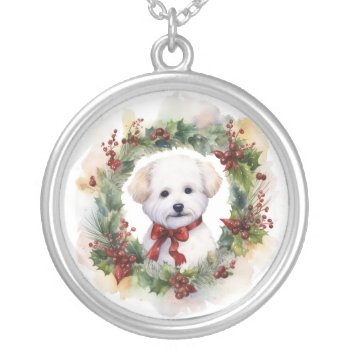 Bichon Frise Christmas Wreath Festive Pup Silver Plated Necklace by aashiarsh at Zazzle