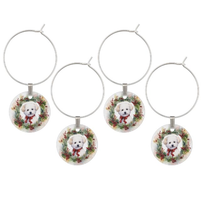 Bichon Frise Christmas Wreath Festive Pup Wine Charm (Staggered)