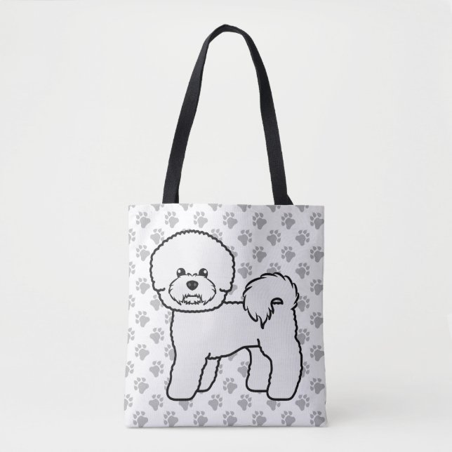 Bichon Frise Cute Cartoon Dog Drawing & Paws Tote Bag (Front)