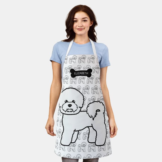 Bichon Frise Cute Cartoon Dog Illustration & Name Apron (Worn)
