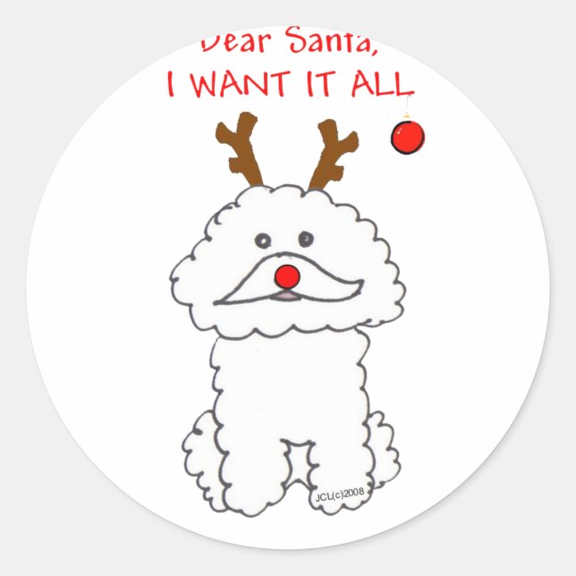 Bichon Frise Dear Santa Classic Round Sticker (Front)