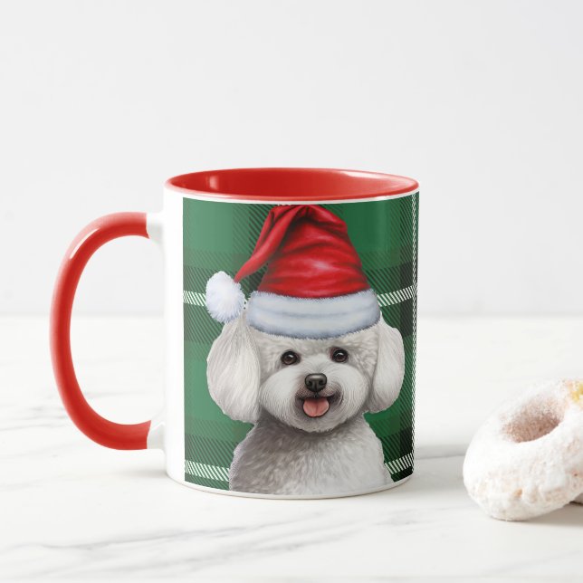 Bichon Frise Dog and a Green Holiday Plaid Mug (With Donut)