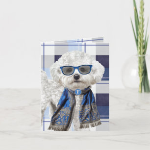 Bichon Frise Dog and Blue Plaid Monogrammed Card
