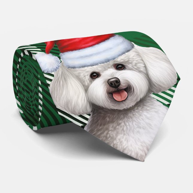 Bichon Frise Dog and Green Plaid Christmas Neck Tie (Rolled)