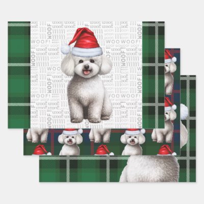Bichon Frise Dog and Green Plaid Holiday Wrapping Paper Sheets