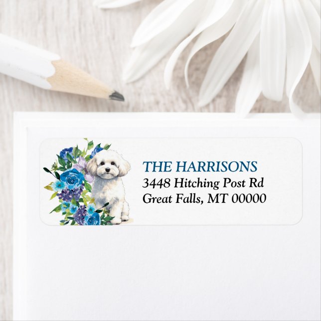 Bichon Frise Dog Blue Floral Return Address Label (Insitu)