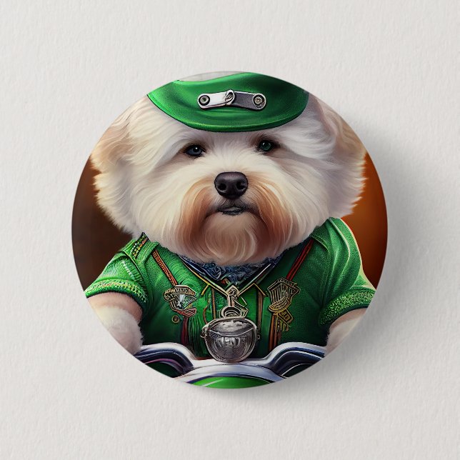 Bichon Frisé Dog Driving Bike St. Patrick's Day Button (Front)