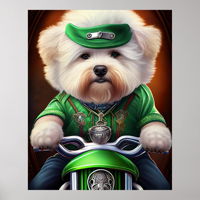 Bichon Frisé Dog Driving Bike St. Patrick's Day Poster (Front)