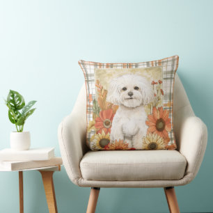 Bichon Frise Dog Fall Watercolor Flowers Throw Pillow