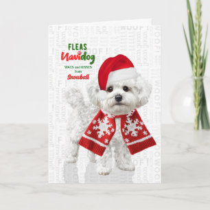 Bichon Frise Dog Funny Fleas Navidog with Name Holiday Card
