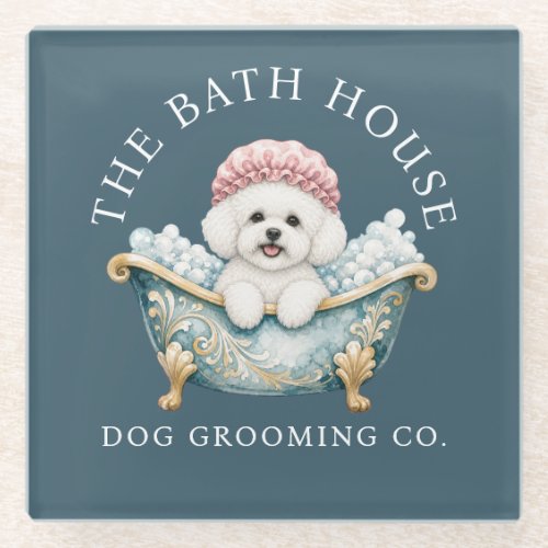 Bichon Frise Dog Grooming Glass Coaster - Teal