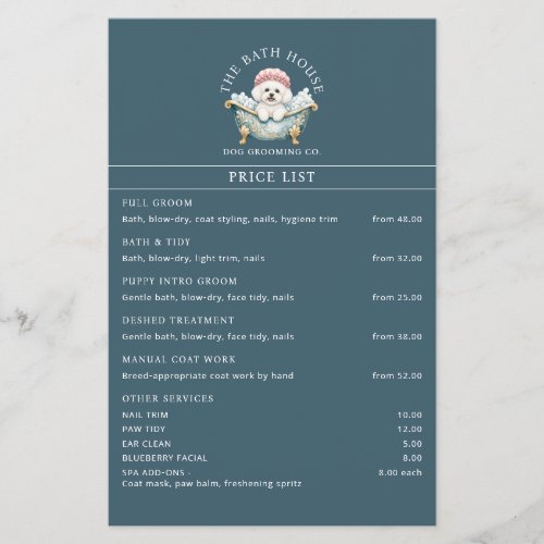 Bichon Frise Dog Grooming Price List Flyer Teal