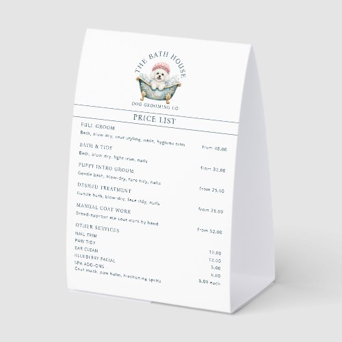 Bichon Frise Dog Grooming Tent Card Price List Paper Table Tent