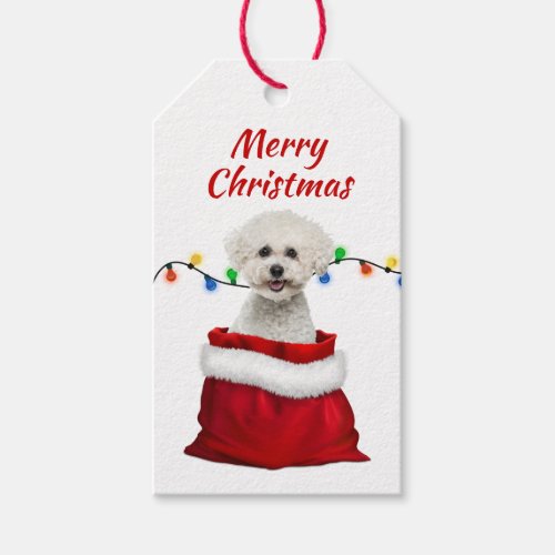 Bichon Frise Dog in Santa Bag Gift Tags
