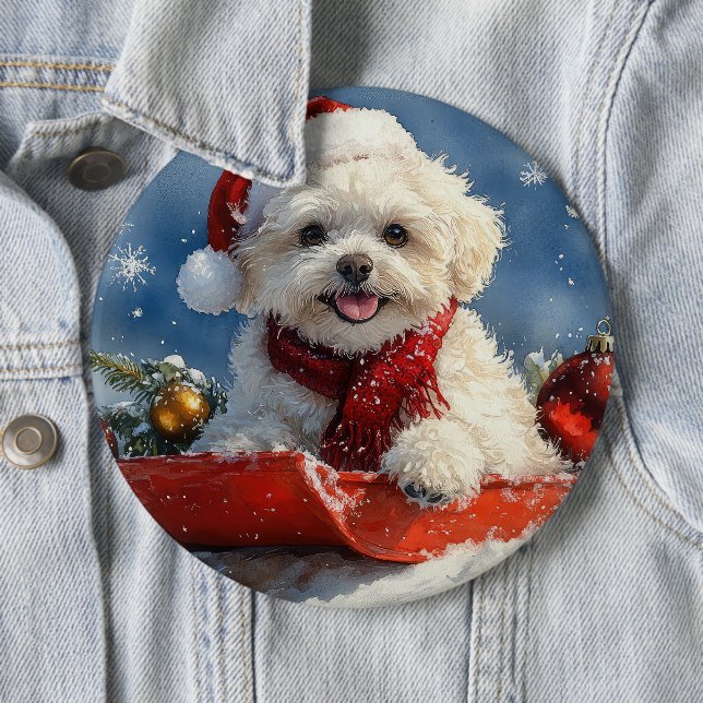 Bichon Frise Dog in Sledge Let it Snow Christmas  Button (In Situ)