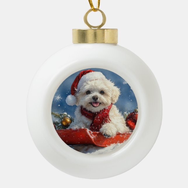 Bichon Frise Dog in Sledge Let it Snow Christmas  Ceramic Ball Christmas Ornament (Front)