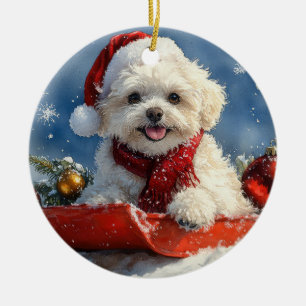Bichon Frise Dog in Sledge Let it Snow Christmas Ceramic Ornament