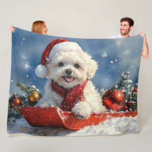 Bichon Frise Dog in Sledge Let it Snow Christmas Fleece Blanket