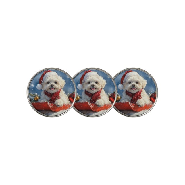 Bichon Frise Dog in Sledge Let it Snow Christmas  Golf Ball Marker (3 Up)