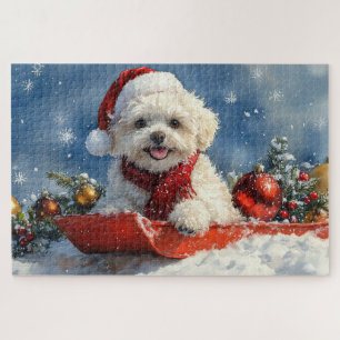 Bichon Frise Dog in Sledge Let it Snow Christmas Jigsaw Puzzle