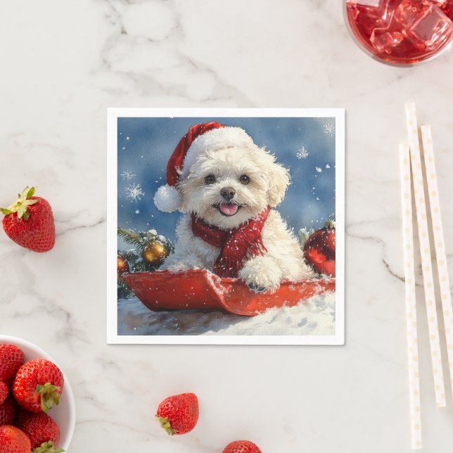 Bichon Frise Dog in Sledge Let it Snow Christmas  Napkins (Insitu)