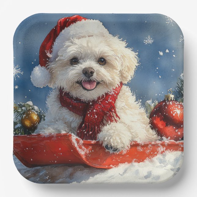 Bichon Frise Dog in Sledge Let it Snow Christmas  Paper Plates (Front)