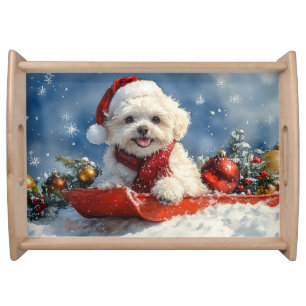 Bichon Frise Dog in Sledge Let it Snow Christmas Serving Tray