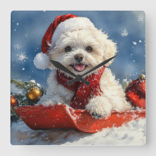 Bichon Frise Dog in Sledge Let it Snow Christmas  Square Wall Clock