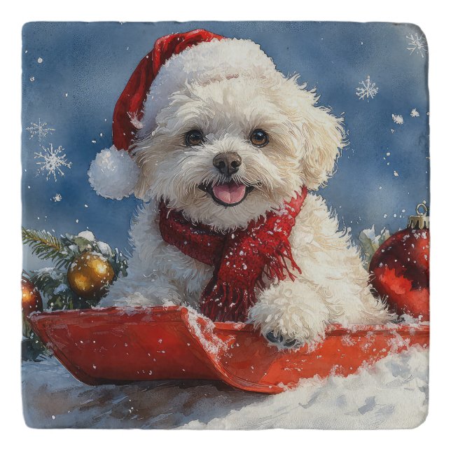 Bichon Frise Dog in Sledge Let it Snow Christmas  Trivet (Front)