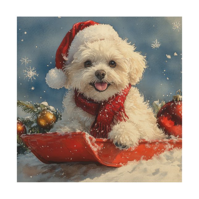 Bichon Frise Dog in Sledge Let it Snow Christmas  Wood Wall Art (Front)