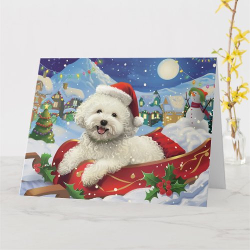 Bichon Frise Dog in Sleigh Snow Christmas Card