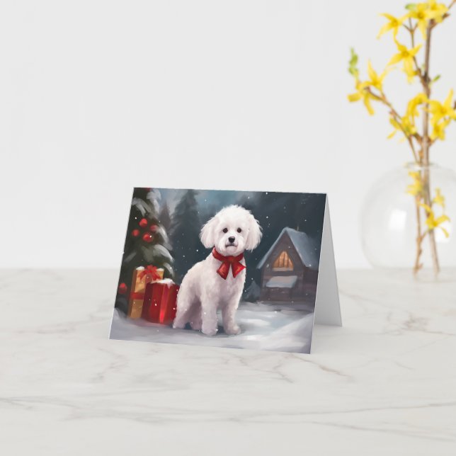 Bichon Frise Dog in Snow Christmas  Card (Yellow Flower)
