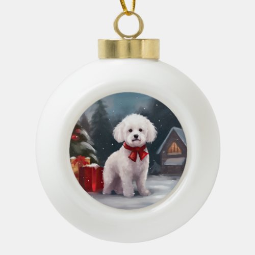 Bichon Frise Dog in Snow Christmas  Ceramic Ball Christmas Ornament
