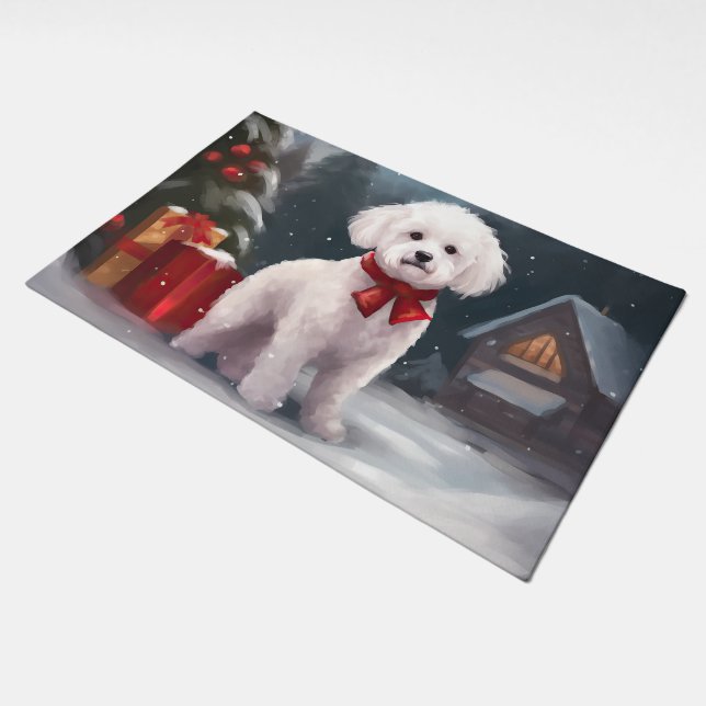 Bichon Frise Dog in Snow Christmas  Doormat (Angled)