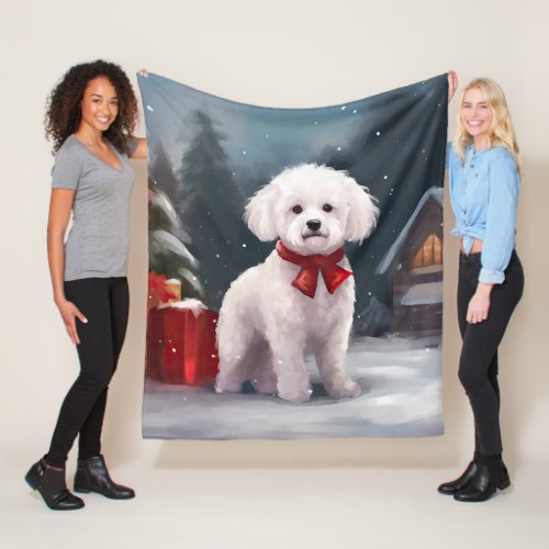 Bichon Frise Dog in Snow Christmas  Fleece Blanket