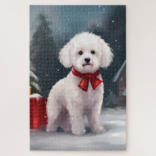 Bichon Frise Dog in Snow Christmas Jigsaw Puzzle