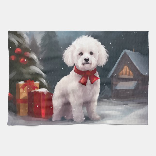 Bichon Frise Dog in Snow Christmas  Kitchen Towel (Horizontal)