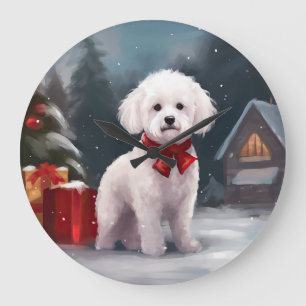 Bichon Frise Dog in Snow Christmas  Large Clock