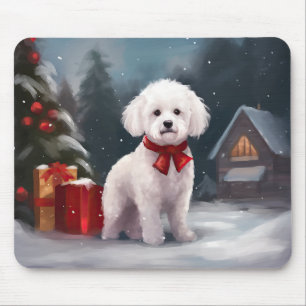 Bichon Frise Dog in Snow Christmas Mouse Pad