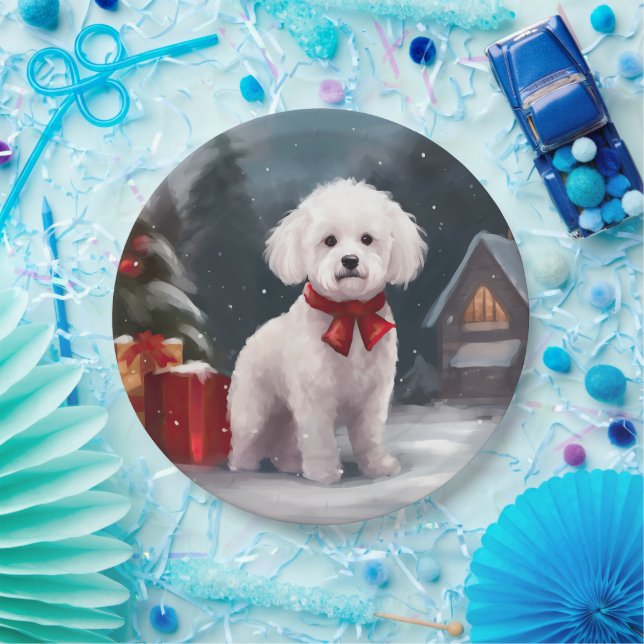 Bichon Frise Dog in Snow Christmas  Paper Plates (Party)
