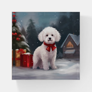 Bichon Frise Dog in Snow Christmas Paperweight
