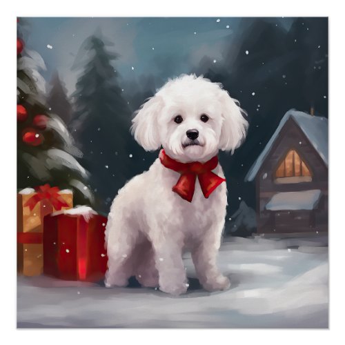 Bichon Frise Dog in Snow Christmas  Poster