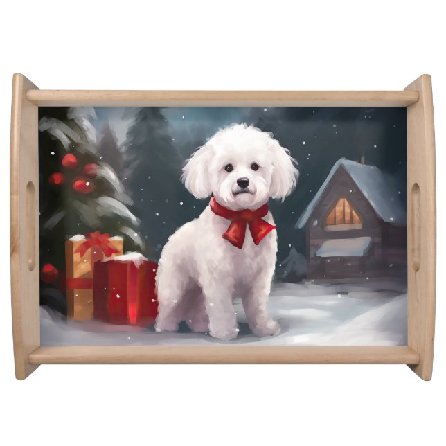 Bichon Frise Dog in Snow Christmas  Serving Tray (Front)