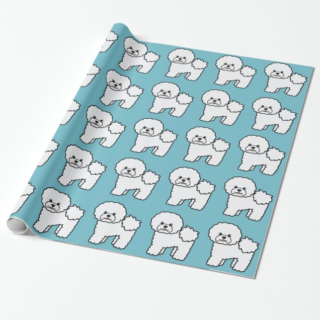 Bichon Frise Dog Pattern On Blue Wrapping Paper (Unrolled)