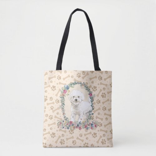 Bichon Frise Dog Paw Print  Dog Bone Cute  Tote Bag