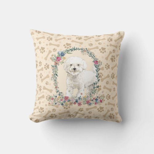 Bichon Frise Dog Paw Print  Floral Cute Throw Pillow