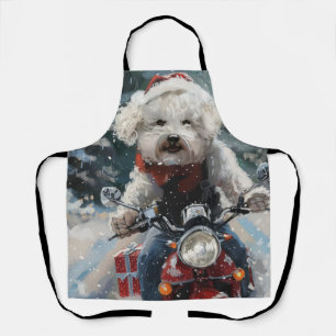 Bichon Frise Dog Riding Motorcycle Christmas Apron