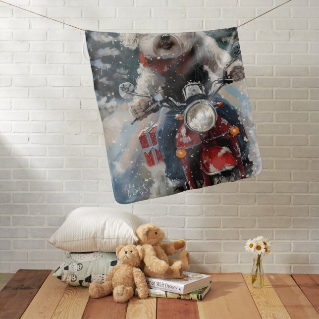 Bichon Frise Dog Riding Motorcycle Christmas Baby Blanket (In Situ)